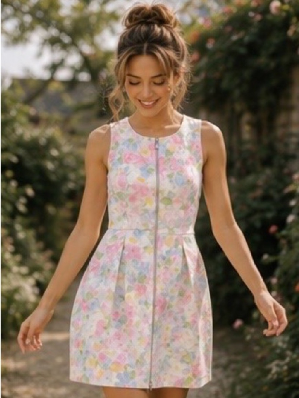 Entro NWT Pastel Floral Mini Dress Sleeveless Front Zip Fit & Flare Cottagecore